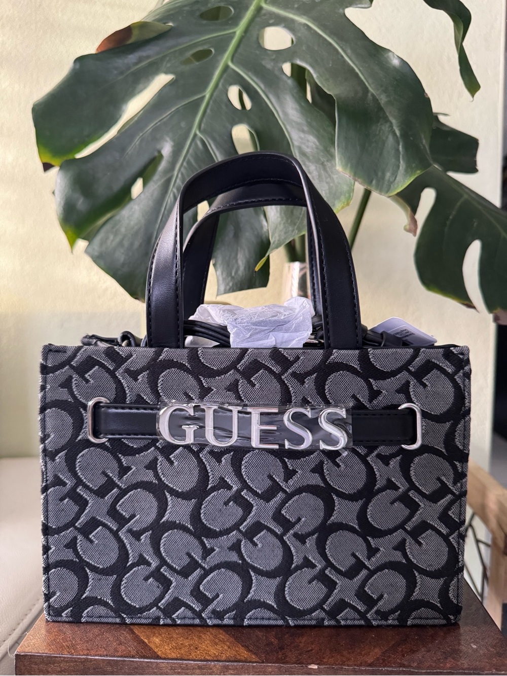 NWT GUESS Monogram Jacquard Mini Satchel Tote Bag - Black/Grey